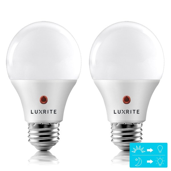 Luxrite A19 LED Light Bulbs Dusk to Dawn 9W (60W Equivalent) 800LM 5000K Bright White E26 Base 2-Pack LR21473-2PK